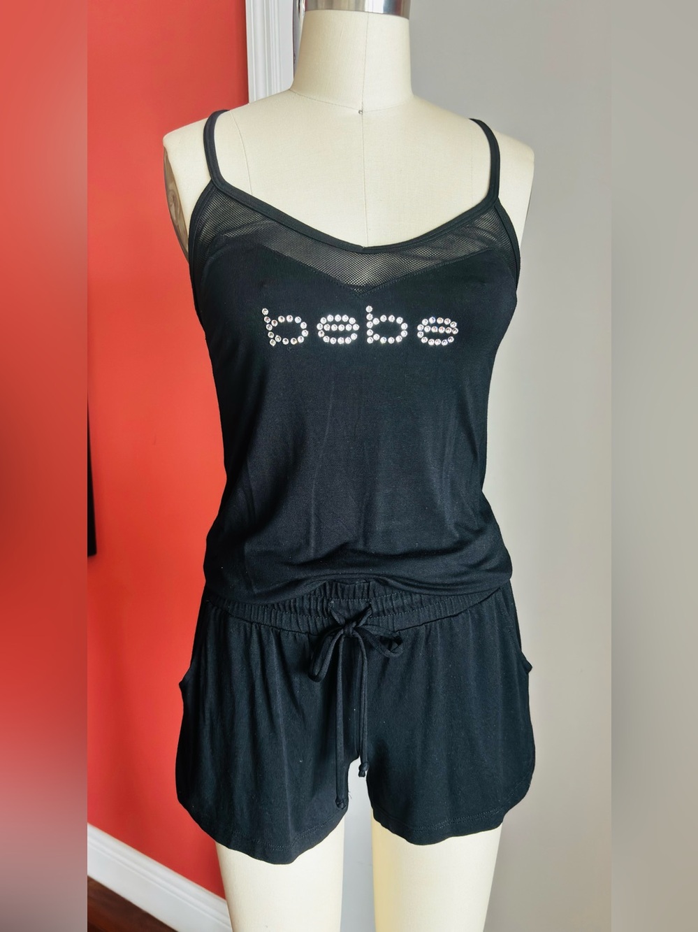 bebe Black Rhinestone Logo Romper